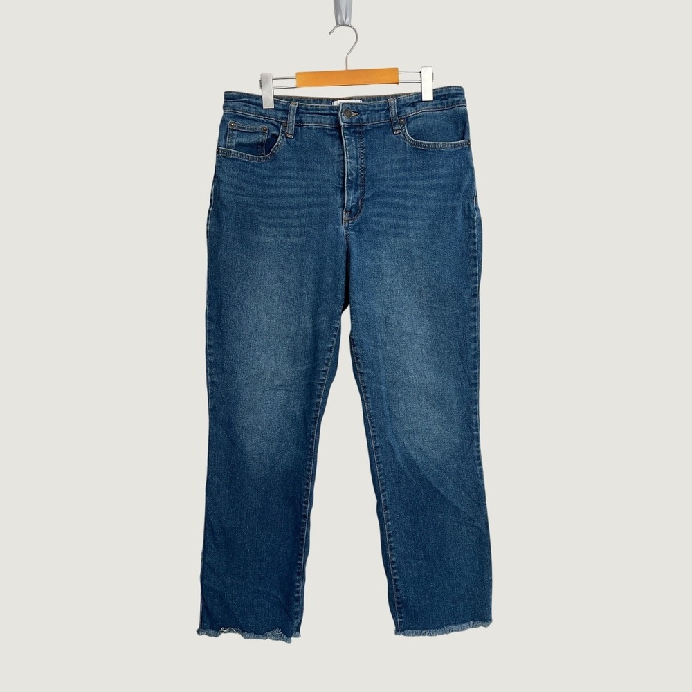 Crown & Ivy High Rise Vintage Straight Jeans Medium Wash Raw Hem Size 14